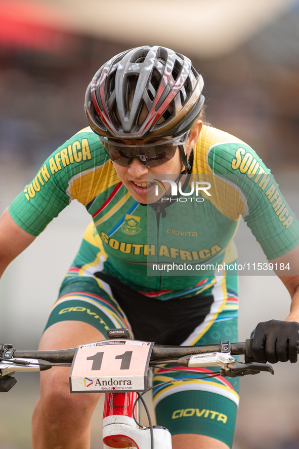 Candice Lill of South Africa participates in the UCI Mountain Bike World Championships Women in Pal Arinsal, Andorra, on September 1, 2024. 