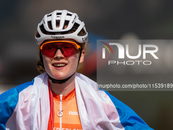 Puck Pieterse of Nederland crosses the finish line in the UCI Mountain Bike World Championships Women in Pal Arinsal, Andorra, on September...