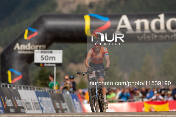 Anne Terpstra of the Netherlands crosses the finish line in the UCI Mountain Bike World Championships Women in Pal Arinsal, Andorra, on Sept...