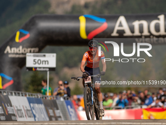 Anne Terpstra of the Netherlands crosses the finish line in the UCI Mountain Bike World Championships Women in Pal Arinsal, Andorra, on Sept...