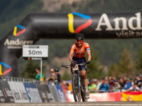 Anne Terpstra of the Netherlands crosses the finish line in the UCI Mountain Bike World Championships Women in Pal Arinsal, Andorra, on Sept...