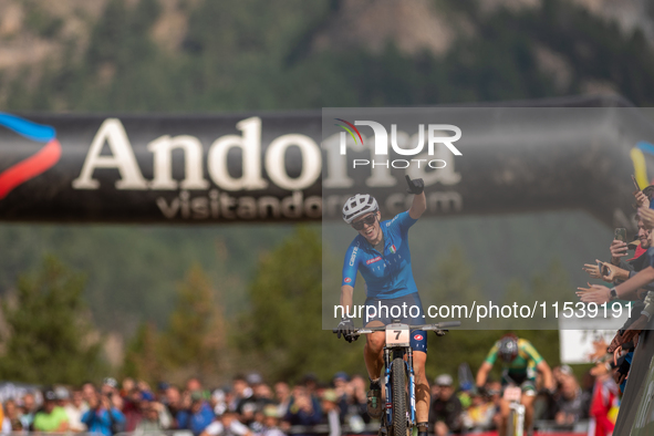 Martina Berta of Italy crosses the finish line in the UCI Mountain Bike World Championships Women in Pal Arinsal, Andorra, on September 1, 2...