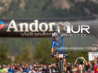 Martina Berta of Italy crosses the finish line in the UCI Mountain Bike World Championships Women in Pal Arinsal, Andorra, on September 1, 2...