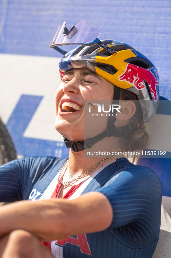 Kate Courtney of the USA participates in the UCI Mountain Bike World Championships Women Andorra 2024 Race in Pal Arinsal, Andorra, on Septe...