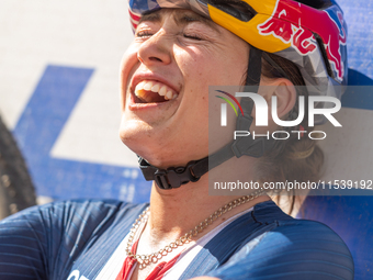 Kate Courtney of the USA participates in the UCI Mountain Bike World Championships Women Andorra 2024 Race in Pal Arinsal, Andorra, on Septe...