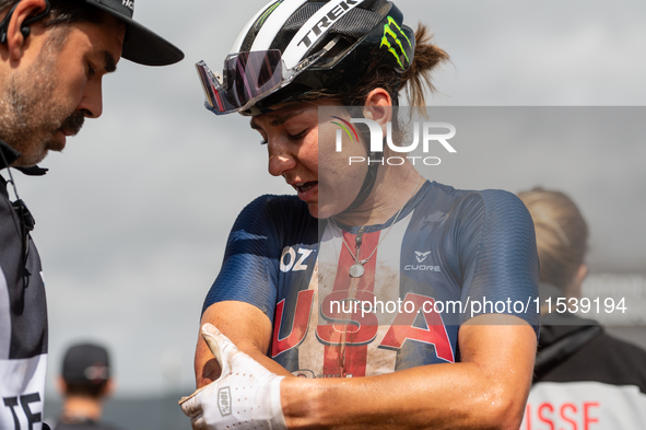 Haley Batten of the USA after the UCI Mountain Bike World Championships Women Andorra 2024 Race in Pal Arinsal, Andorra, on September 1, 202...