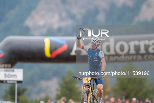 Luca Martin of France crosses the finish line in the UCI Mountain Bike World Championships Men Under 23 Race in Pal Arinsal, Andorra, on Sep...