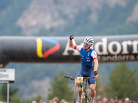 Luca Martin of France crosses the finish line in the UCI Mountain Bike World Championships Men Under 23 Race in Pal Arinsal, Andorra, on Sep...