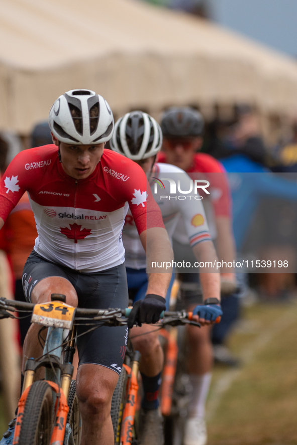 Zorak Paille of Canada competes in the UCI Mountain Bike World Championships Men Under 23 Race in Pal Arinsal, Andorra, on September 1, 2024...