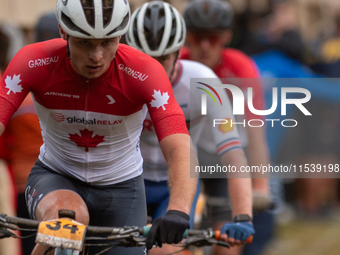 Zorak Paille of Canada competes in the UCI Mountain Bike World Championships Men Under 23 Race in Pal Arinsal, Andorra, on September 1, 2024...