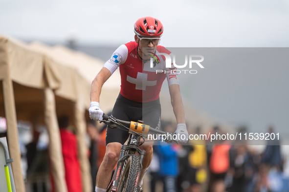 Luke Wiedmann of Switzerland participates in the UCI Mountain Bike World Championships Men Under 23 Race in Pal Arinsal, Andorra, on Septemb...