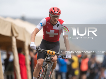 Luke Wiedmann of Switzerland participates in the UCI Mountain Bike World Championships Men Under 23 Race in Pal Arinsal, Andorra, on Septemb...