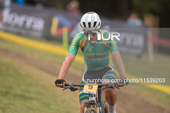 Luke Moir of South Africa competes in the UCI Mountain Bike World Championships Men Under 23 Race in Pal Arinsal, Andorra, on September 1, 2...