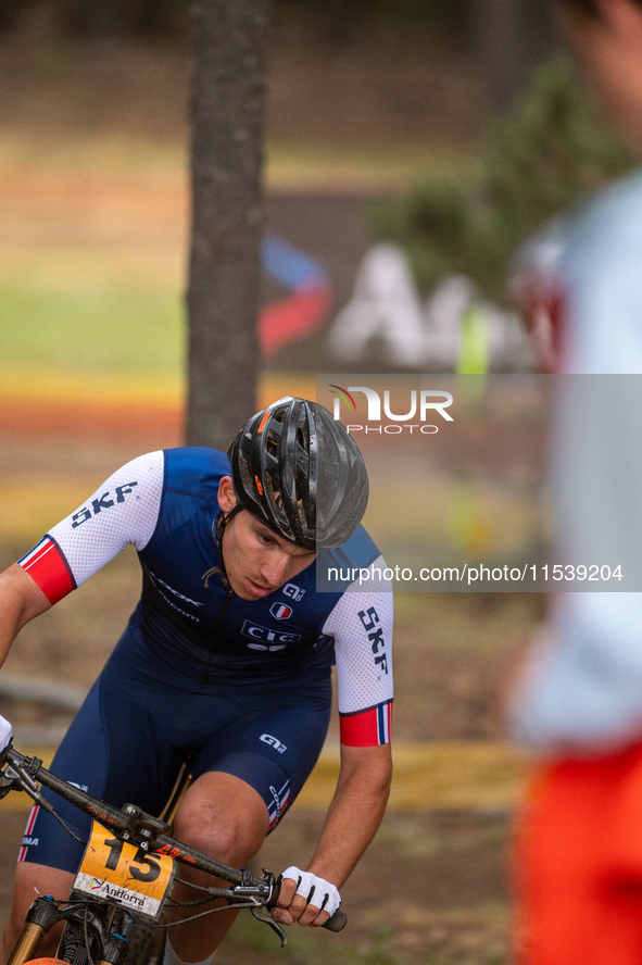 Mathis Guay of France competes in the UCI Mountain Bike World Championships Men Under 23 Race in Pal Arinsal, Andorra, on September 1, 2024....