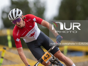 Ian Ackert of Canada competes in the UCI Mountain Bike World Championships Men Under 23 Race in Pal Arinsal, Andorra, on September 1, 2024....