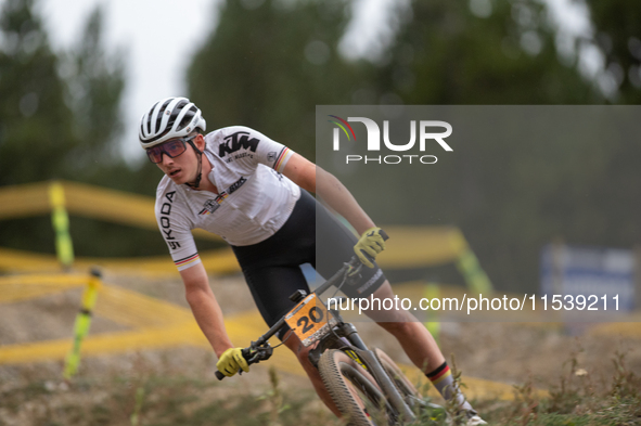 Paul Schehl of Germany competes in the UCI Mountain Bike World Championships Men Under 23 Race in Pal Arinsal, Andorra, on September 1, 2024...