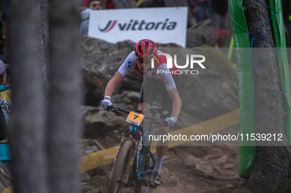 Finn Treudler of Switzerland competes in the UCI Mountain Bike World Championships Men Under 23 Race in Pal Arinsal, Andorra, on September 1...