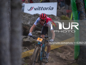 Finn Treudler of Switzerland competes in the UCI Mountain Bike World Championships Men Under 23 Race in Pal Arinsal, Andorra, on September 1...