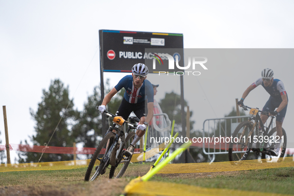 Riley Amos of the USA competes in the UCI Mountain Bike World Championships Men Under 23 Race in Pal Arinsal, Andorra, on September 1, 2024....