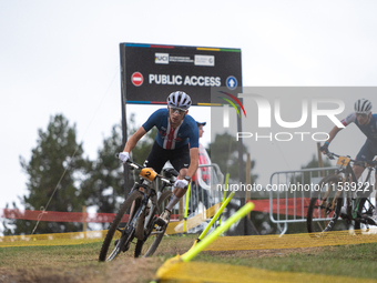 Riley Amos of the USA competes in the UCI Mountain Bike World Championships Men Under 23 Race in Pal Arinsal, Andorra, on September 1, 2024....