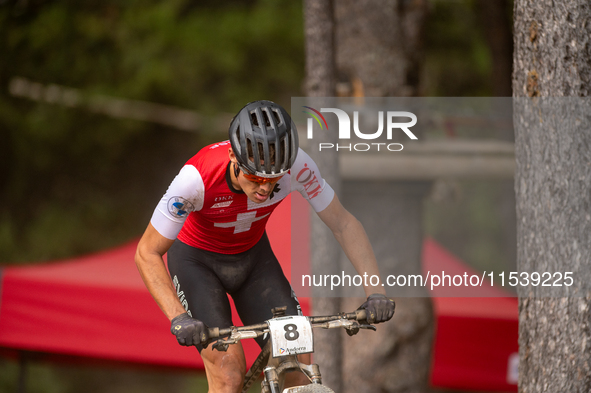 Filippo Colombo of Switzerland participates in the UCI Mountain Bike World Championships Men in Pal Arinsal, Andorra, on September 1, 2024. 