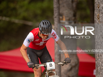 Filippo Colombo of Switzerland participates in the UCI Mountain Bike World Championships Men in Pal Arinsal, Andorra, on September 1, 2024....