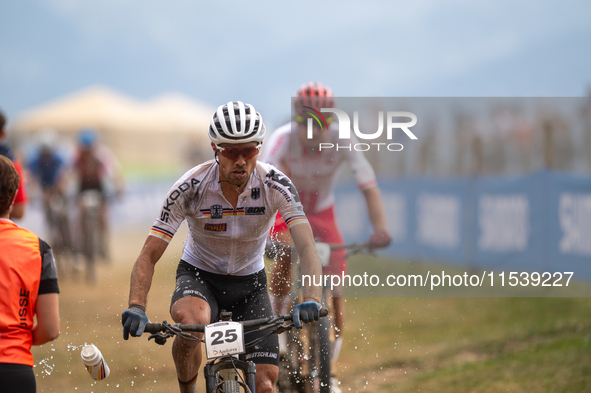 Julian Schelb of Germany participates in the UCI Mountain Bike World Championships Men in Pal Arinsal, Andorra, on September 1, 2024. 