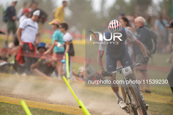 Jordan Sarrou of France competes in the UCI Mountain Bike World Championships Men in Pal Arinsal, Andorra, on September 1, 2024. 