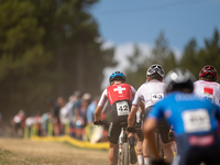 A cyclist participates in the UCI Mountain Bike World Championships Men in Pal Arinsal, Andorra, on September 1, 2024. (