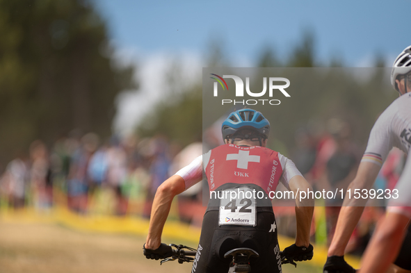 Luca Schatti of Switzerland participates in the UCI Mountain Bike World Championships Men in Pal Arinsal, Andorra, on September 1, 2024. 