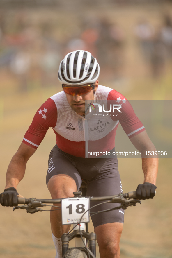 Martins Blums of Latvia participates in the UCI Mountain Bike World Championships Men in Pal Arinsal, Andorra, on September 1, 2024. 