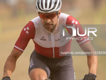 Martins Blums of Latvia participates in the UCI Mountain Bike World Championships Men in Pal Arinsal, Andorra, on September 1, 2024. (