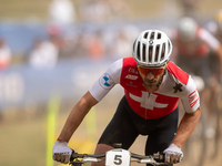 Nino Schurter of Switzerland participates in the UCI Mountain Bike World Championships Men in Pal Arinsal, Andorra, on September 1, 2024. (