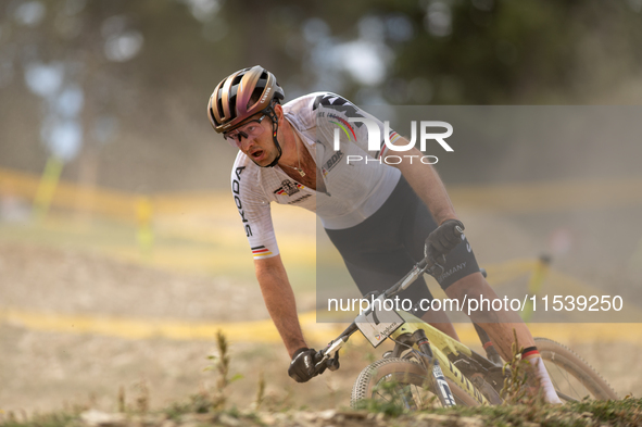 Luca Schwarzbauer of Germany participates in the UCI Mountain Bike World Championships Men in Pal Arinsal, Andorra, on September 1, 2024. 