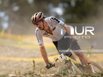 Luca Schwarzbauer of Germany participates in the UCI Mountain Bike World Championships Men in Pal Arinsal, Andorra, on September 1, 2024. (