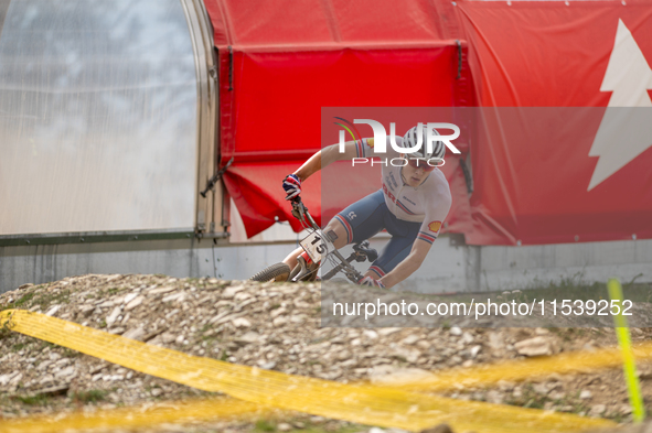 Charlie Aldridge of Great Britain participates in the UCI Mountain Bike World Championships Men in Pal Arinsal, Andorra, on September 1, 202...