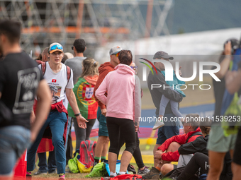 Fans attend the UCI Mountain Bike World Championships Men Under 23 Race in Pal Arinsal, Andorra, on September 1, 2024. (