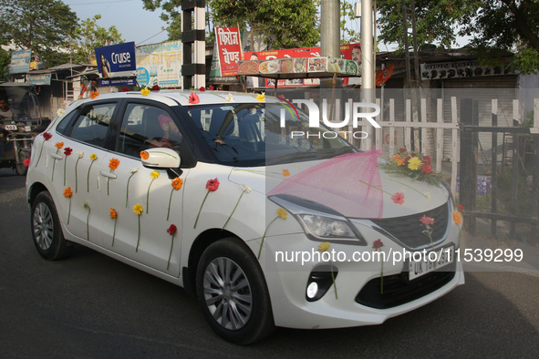 A vehicle is decorated for a marriage during wedding season in Bazpur (Bajpur), Uttarakhand, India, on April 19, 2024. 