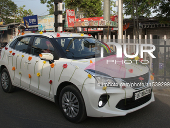 A vehicle is decorated for a marriage during wedding season in Bazpur (Bajpur), Uttarakhand, India, on April 19, 2024. (