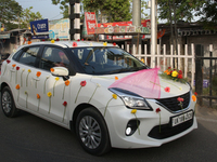 A vehicle is decorated for a marriage during wedding season in Bazpur (Bajpur), Uttarakhand, India, on April 19, 2024. (