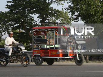 An auto-rickshaw in Bazpur, Uttarakhand, India, on April 19, 2024. (