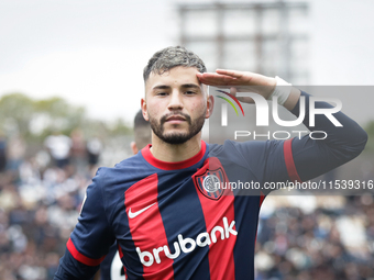 Ivan Leguizamon of San Lorenzo celebrates after scoring the first goal of his team during a match between Platense and San Lorenzo as part o...