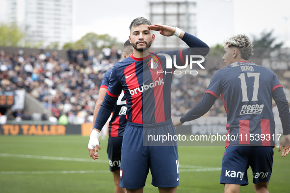 Ivan Leguizamon of San Lorenzo celebrates after scoring the first goal of his team during a match between Platense and San Lorenzo as part o...