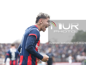 Elian Irala of San Lorenzo celebrates after scoring the second goal of his team during a match between Platense and San Lorenzo as part of L...