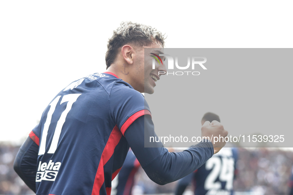 Elian Irala of San Lorenzo celebrates after scoring the second goal of his team during a match between Platense and San Lorenzo as part of L...