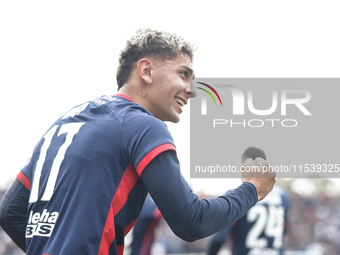 Elian Irala of San Lorenzo celebrates after scoring the second goal of his team during a match between Platense and San Lorenzo as part of L...