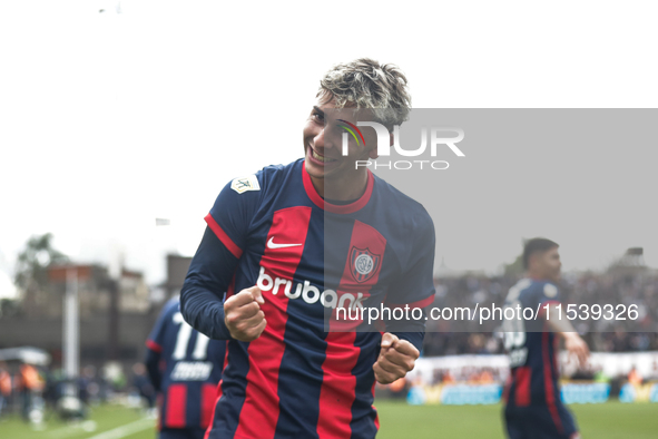 Elian Irala of San Lorenzo celebrates after scoring the second goal of his team during a match between Platense and San Lorenzo as part of L...