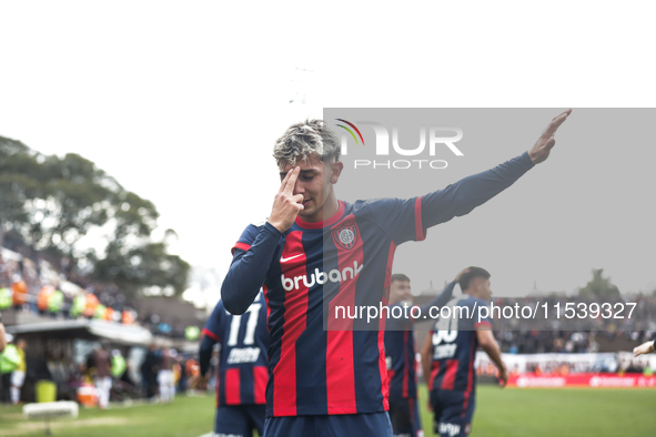 Elian Irala of San Lorenzo celebrates after scoring the second goal of his team during a match between Platense and San Lorenzo as part of L...