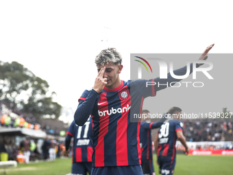 Elian Irala of San Lorenzo celebrates after scoring the second goal of his team during a match between Platense and San Lorenzo as part of L...