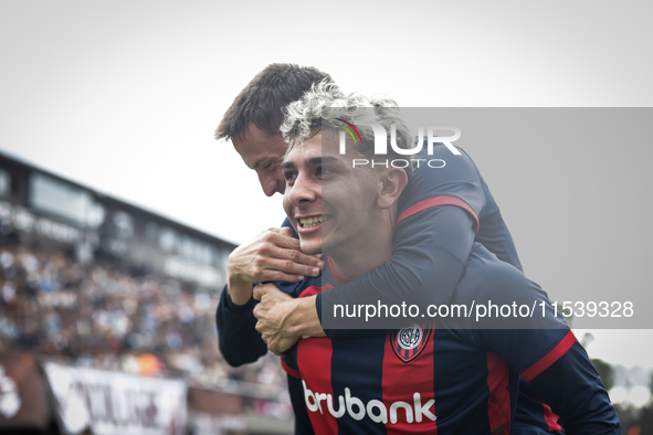 Elian Irala of San Lorenzo celebrates after scoring the second goal of his team during a match between Platense and San Lorenzo as part of L...